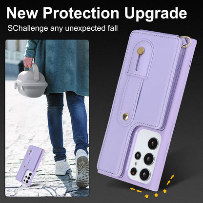 For Samsung Galaxy S23 Ultra Wristband Kickstand Phone Case PU Leather+TPU Card Slots Cover