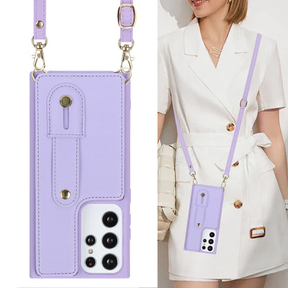 For Samsung Galaxy S23 Ultra Wristband Kickstand Phone Case PU Leather+TPU Card Slots Cover