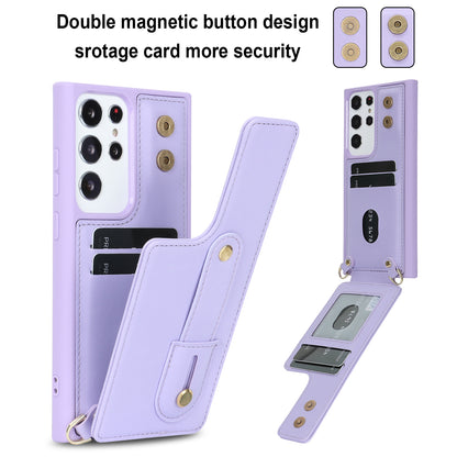 For Samsung Galaxy S23 Ultra Wristband Kickstand Phone Case PU Leather+TPU Card Slots Cover