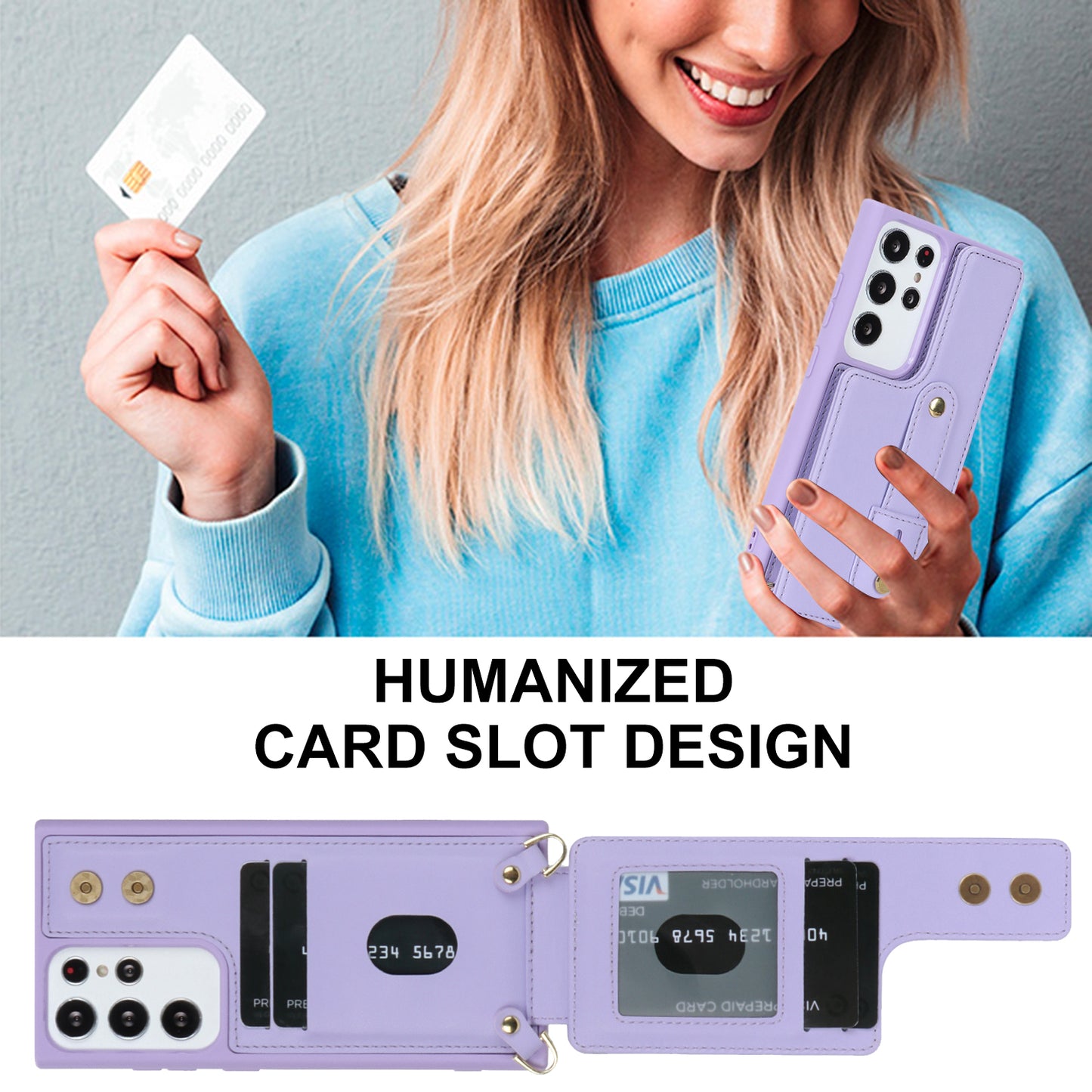 For Samsung Galaxy S23 Ultra Wristband Kickstand Phone Case PU Leather+TPU Card Slots Cover