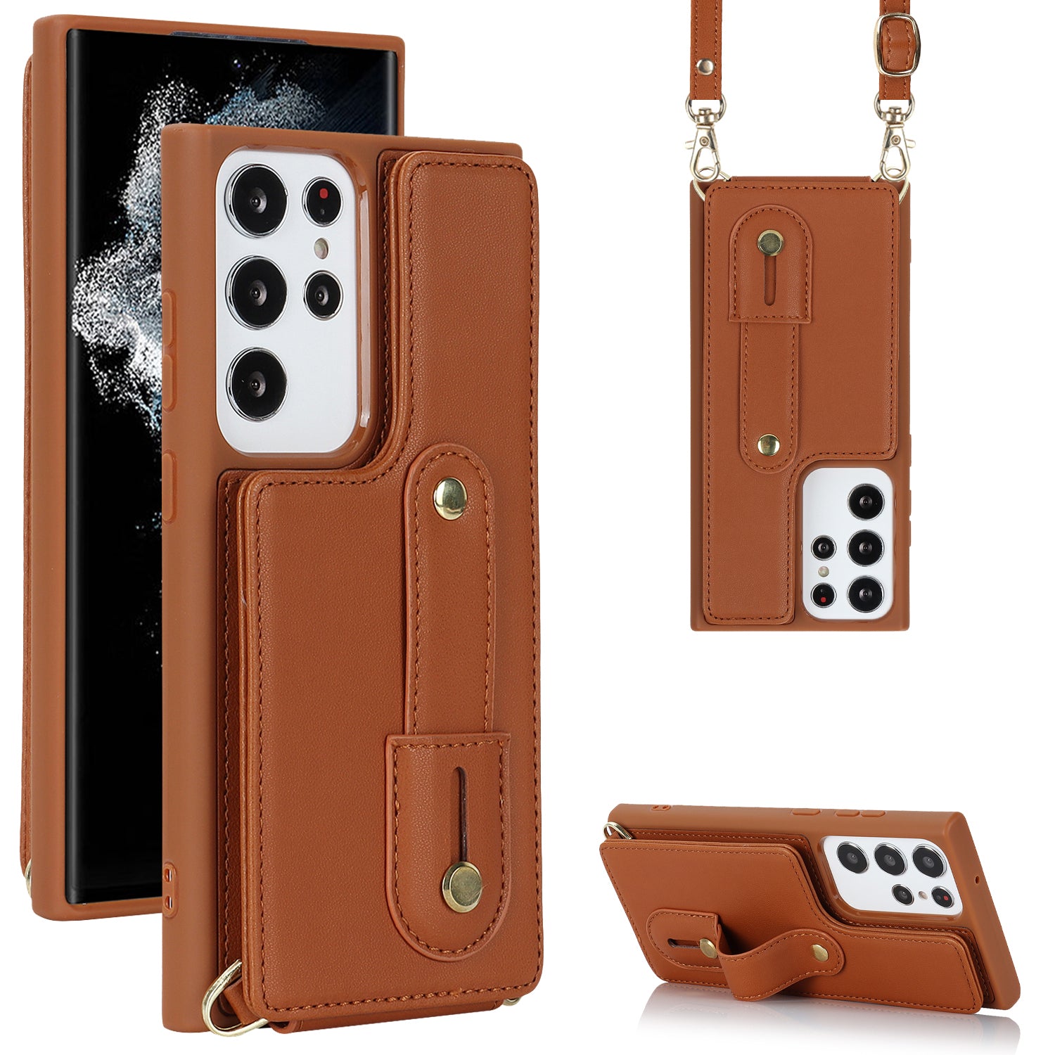 For Samsung Galaxy S23 Ultra Wristband Kickstand Phone Case PU Leather+TPU Card Slots Cover