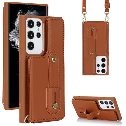 For Samsung Galaxy S23 Ultra Wristband Kickstand Phone Case PU Leather+TPU Card Slots Cover