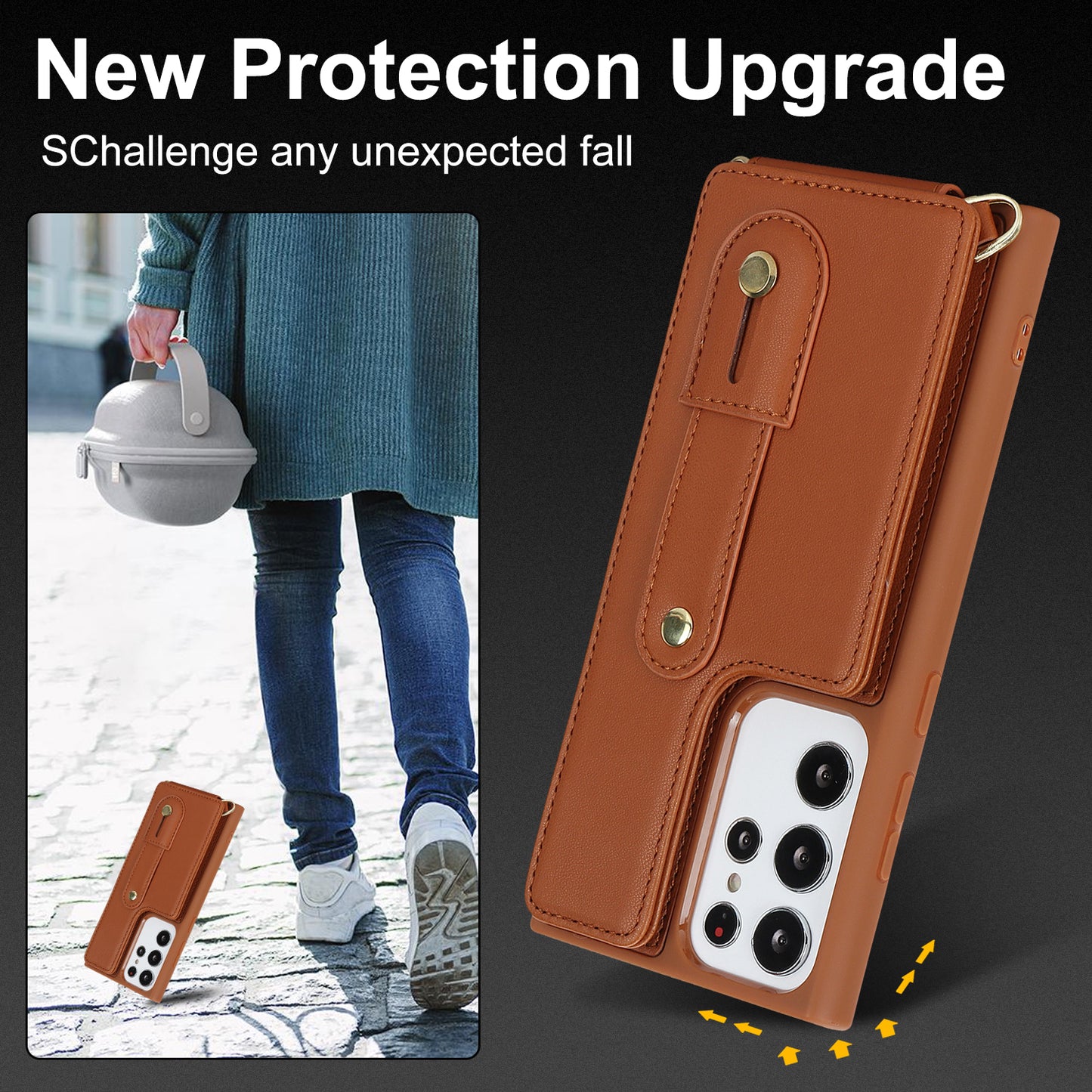 For Samsung Galaxy S23 Ultra Wristband Kickstand Phone Case PU Leather+TPU Card Slots Cover