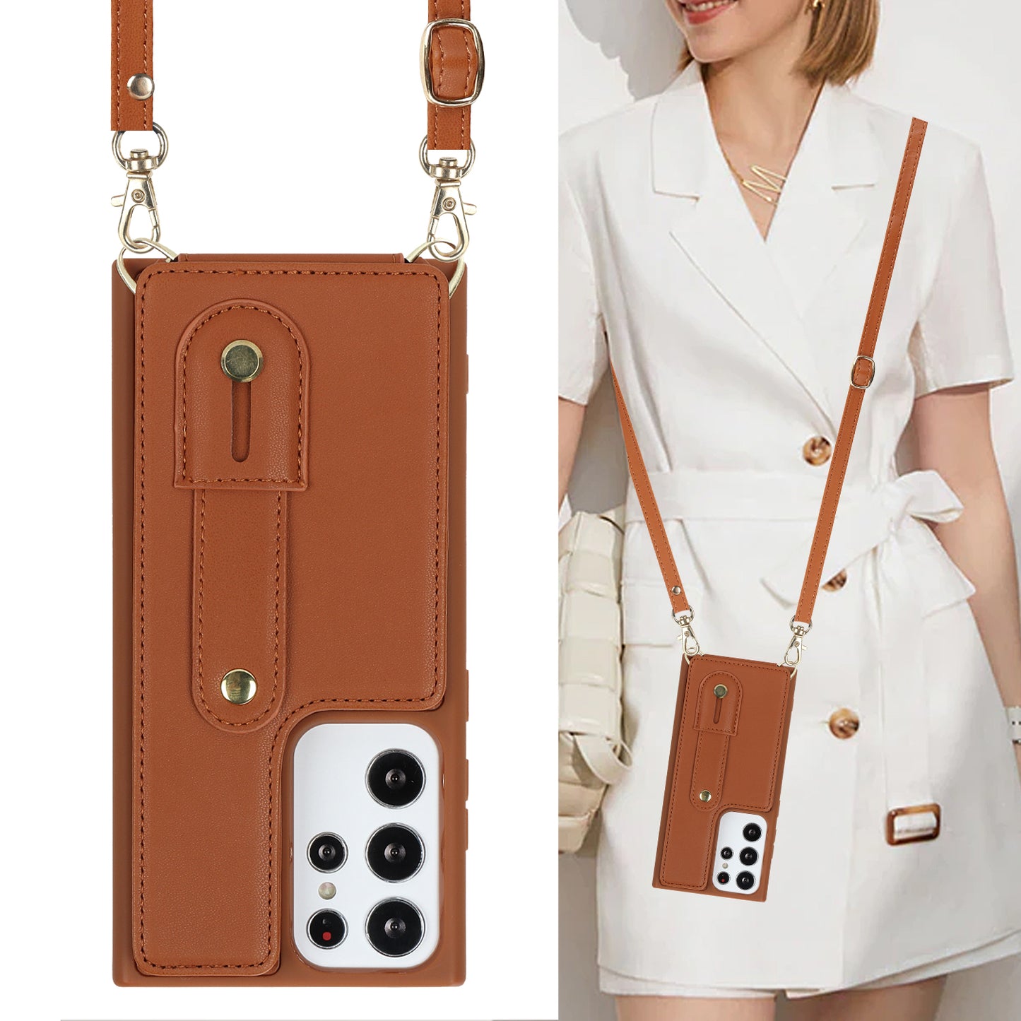 For Samsung Galaxy S23 Ultra Wristband Kickstand Phone Case PU Leather+TPU Card Slots Cover