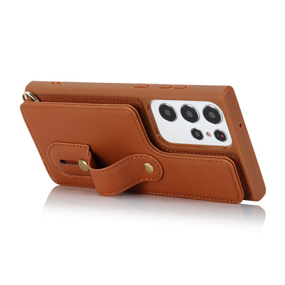 For Samsung Galaxy S23 Ultra Wristband Kickstand Phone Case PU Leather+TPU Card Slots Cover