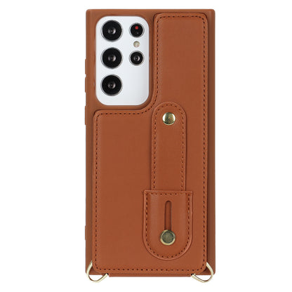 For Samsung Galaxy S23 Ultra Wristband Kickstand Phone Case PU Leather+TPU Card Slots Cover