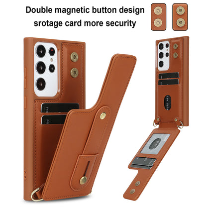 For Samsung Galaxy S23 Ultra Wristband Kickstand Phone Case PU Leather+TPU Card Slots Cover