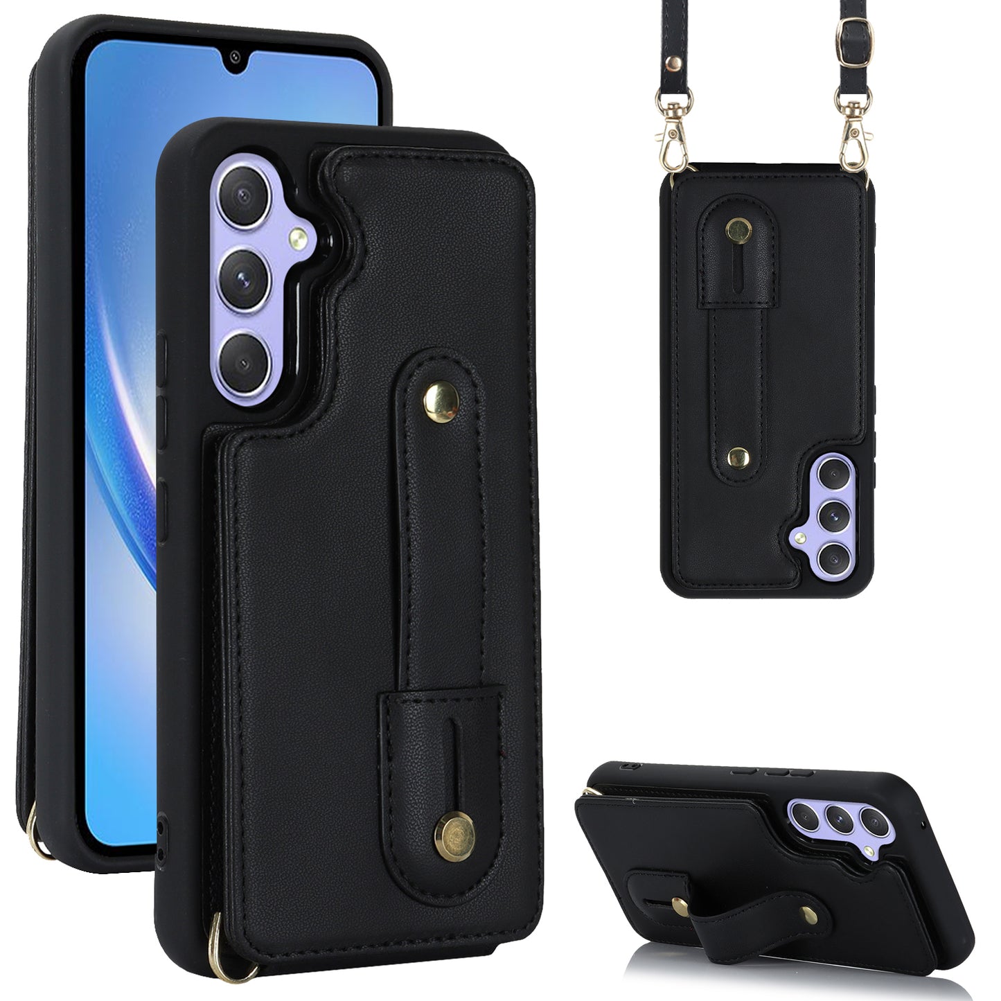 For Samsung Galaxy A34 5G PU Leather Coated TPU Card Slots Case Wristband Kickstand Anti-Scratch Phone Cover