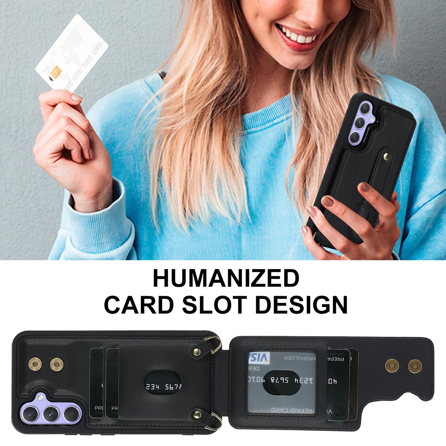 For Samsung Galaxy A34 5G PU Leather Coated TPU Card Slots Case Wristband Kickstand Anti-Scratch Phone Cover