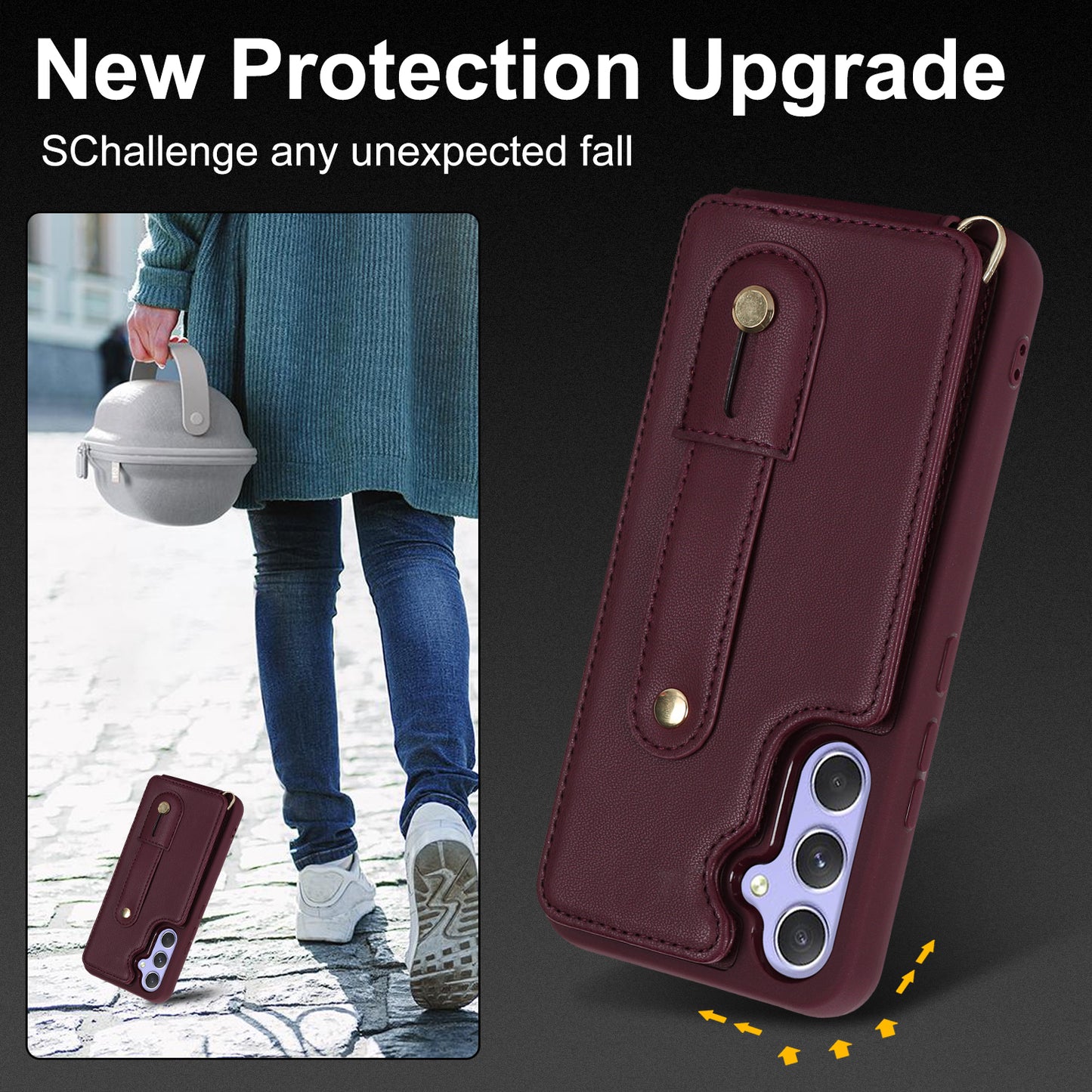 For Samsung Galaxy A34 5G PU Leather Coated TPU Card Slots Case Wristband Kickstand Anti-Scratch Phone Cover