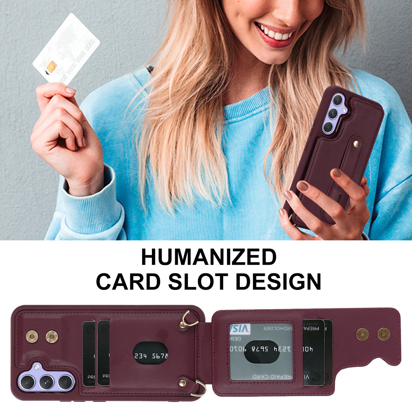 For Samsung Galaxy A34 5G PU Leather Coated TPU Card Slots Case Wristband Kickstand Anti-Scratch Phone Cover