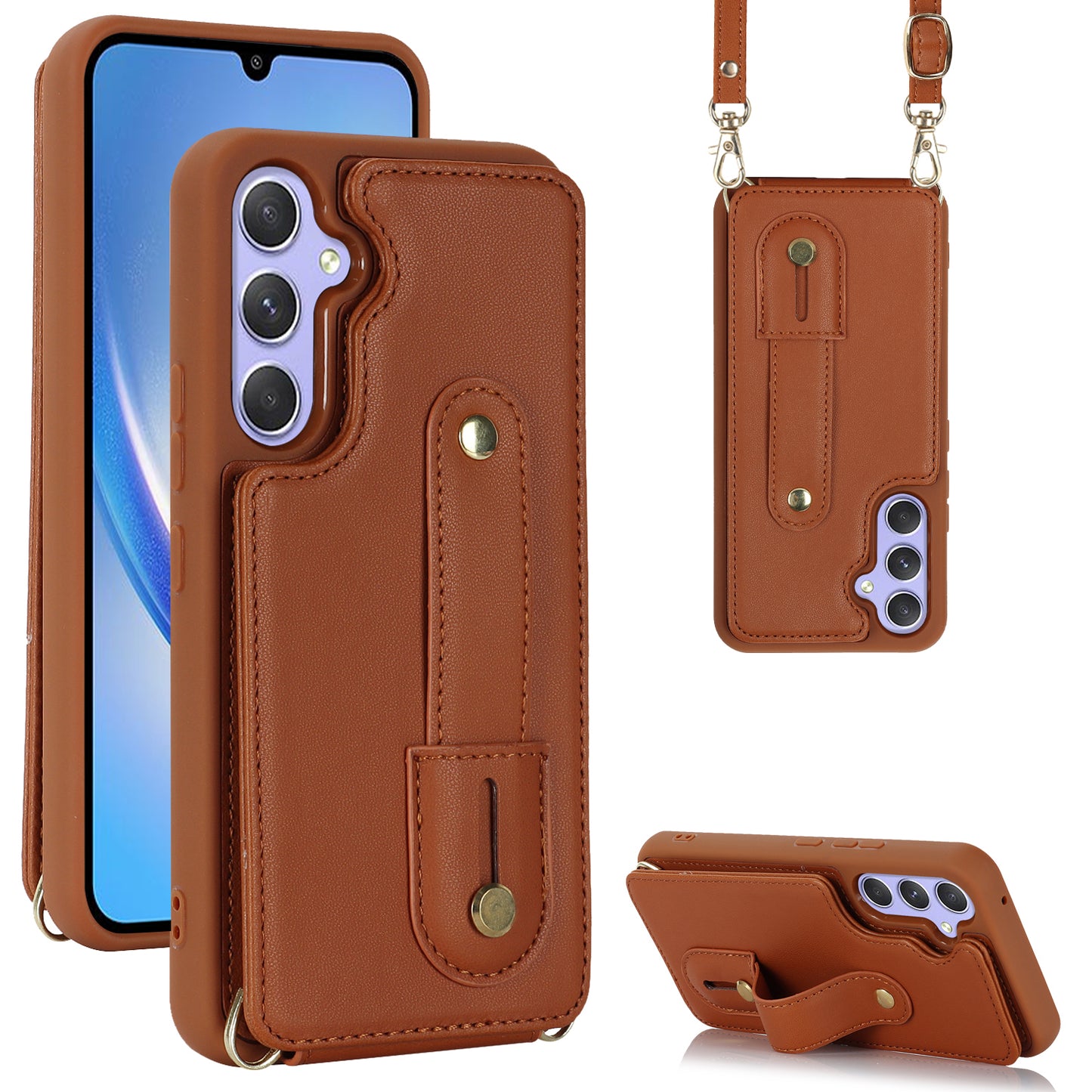 For Samsung Galaxy A34 5G PU Leather Coated TPU Card Slots Case Wristband Kickstand Anti-Scratch Phone Cover