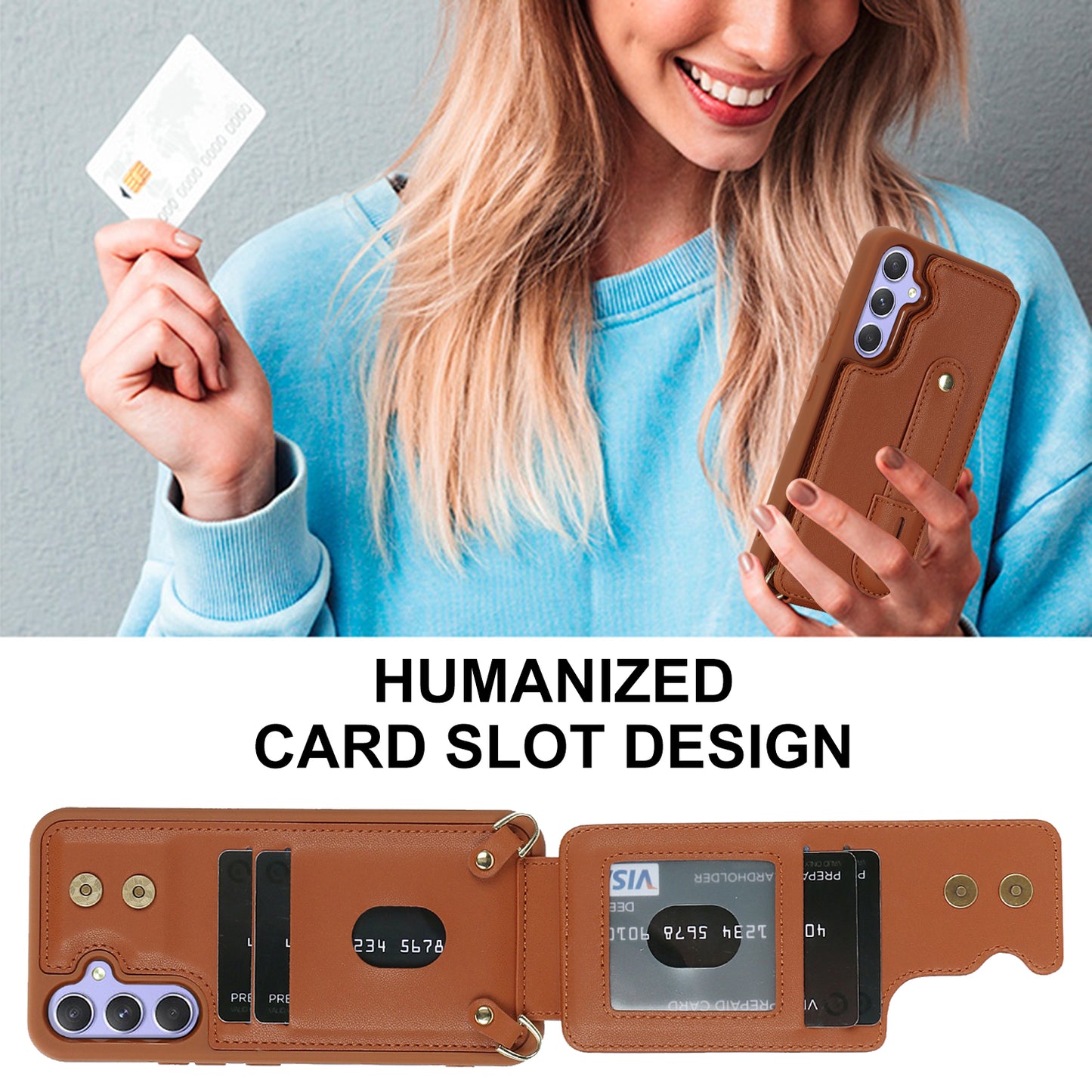 For Samsung Galaxy A34 5G PU Leather Coated TPU Card Slots Case Wristband Kickstand Anti-Scratch Phone Cover