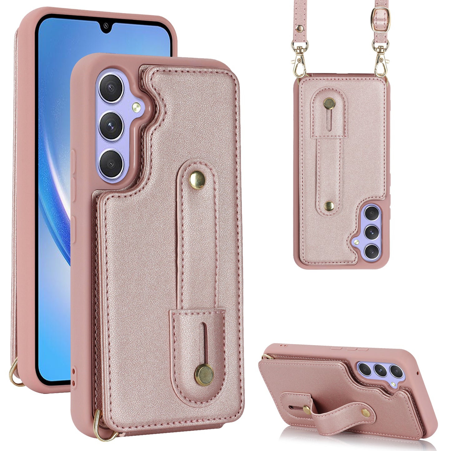 For Samsung Galaxy A34 5G PU Leather Coated TPU Card Slots Case Wristband Kickstand Anti-Scratch Phone Cover