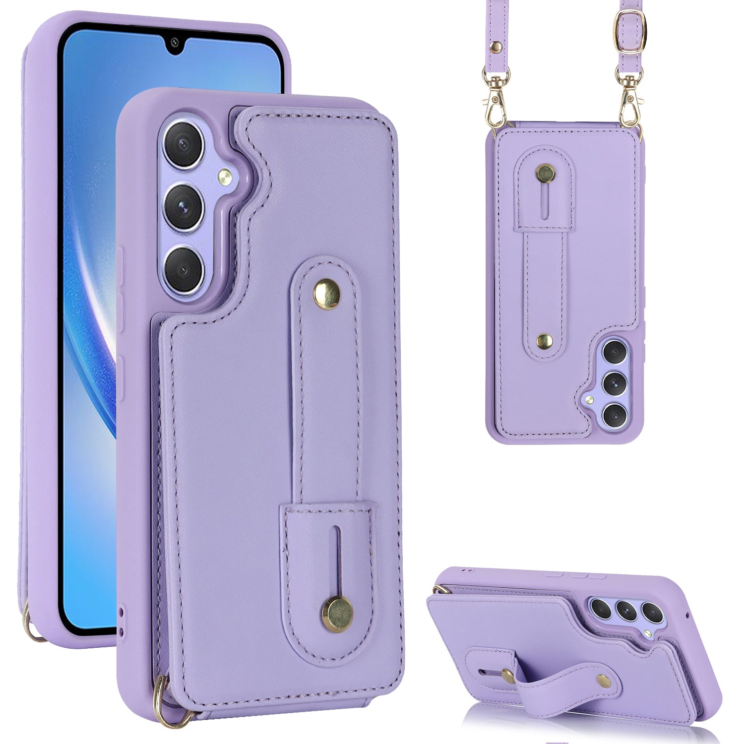 For Samsung Galaxy A34 5G PU Leather Coated TPU Card Slots Case Wristband Kickstand Anti-Scratch Phone Cover