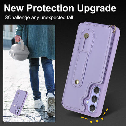 For Samsung Galaxy A34 5G PU Leather Coated TPU Card Slots Case Wristband Kickstand Anti-Scratch Phone Cover