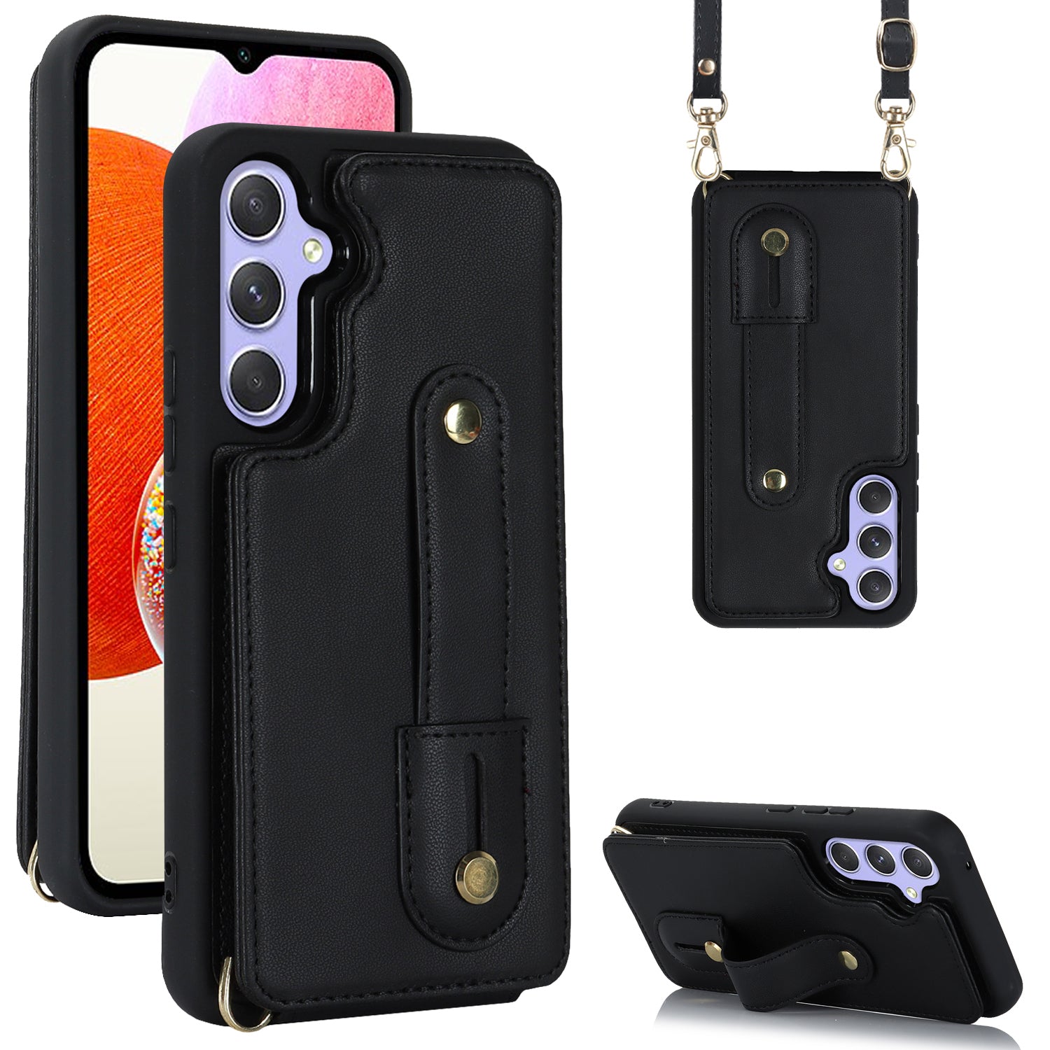 For Samsung Galaxy A14 4G / 5G Wristband Kickstand Card Holder Case PU Leather + TPU Shockproof Anti-Slip  Phone Cover
