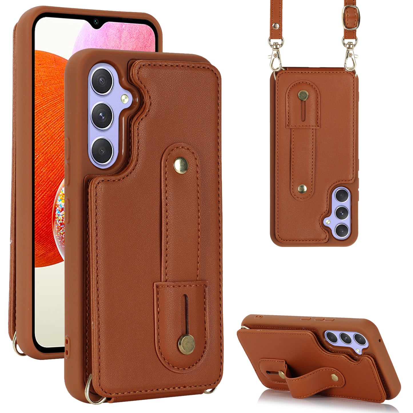 For Samsung Galaxy A14 4G / 5G Wristband Kickstand Card Holder Case PU Leather + TPU Shockproof Anti-Slip  Phone Cover
