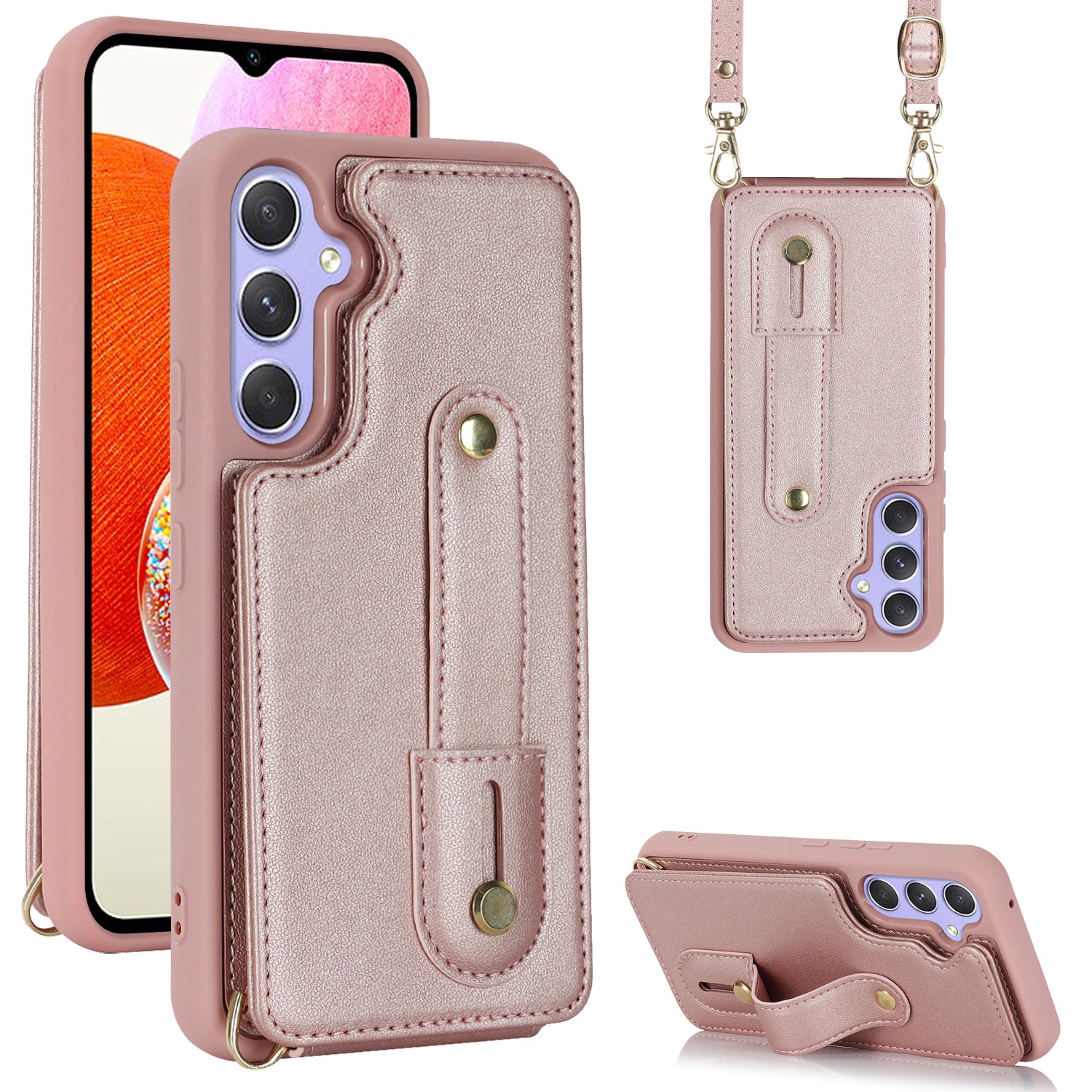 For Samsung Galaxy A14 4G / 5G Wristband Kickstand Card Holder Case PU Leather + TPU Shockproof Anti-Slip  Phone Cover