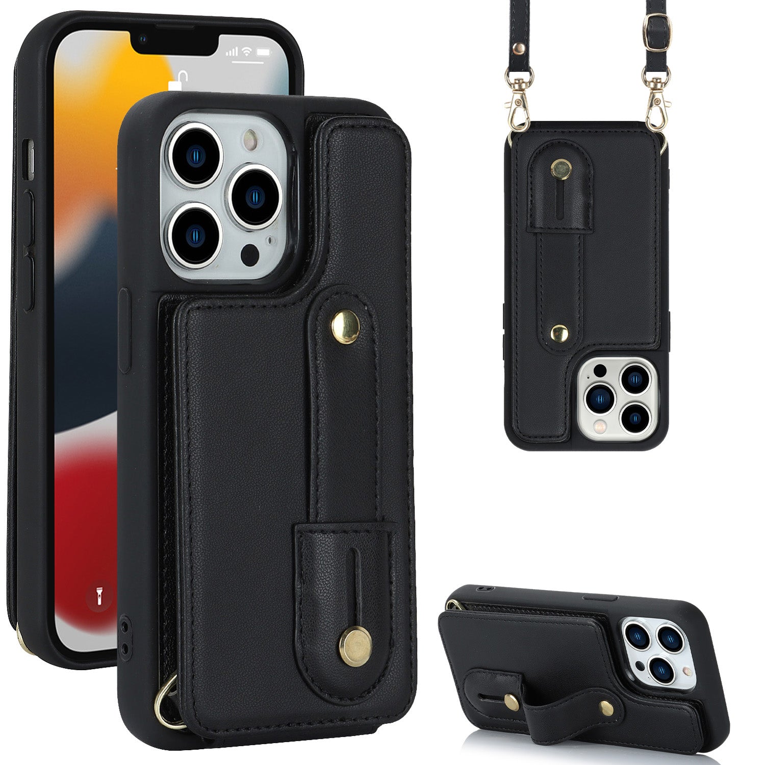 For iPhone 13 Pro Max Card Slots Wristband Kickstand Case PU Leather+TPU Cell Phone Cover