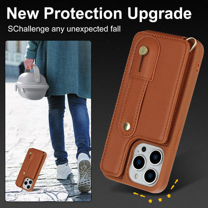 For iPhone 13 Pro Max Card Slots Wristband Kickstand Case PU Leather+TPU Cell Phone Cover