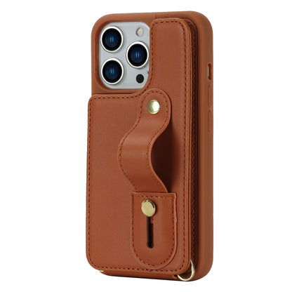 For iPhone 13 Pro Max Card Slots Wristband Kickstand Case PU Leather+TPU Cell Phone Cover