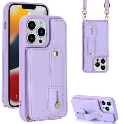For iPhone 13 Pro Max Card Slots Wristband Kickstand Case PU Leather+TPU Cell Phone Cover