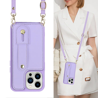 For iPhone 13 Pro Max Card Slots Wristband Kickstand Case PU Leather+TPU Cell Phone Cover