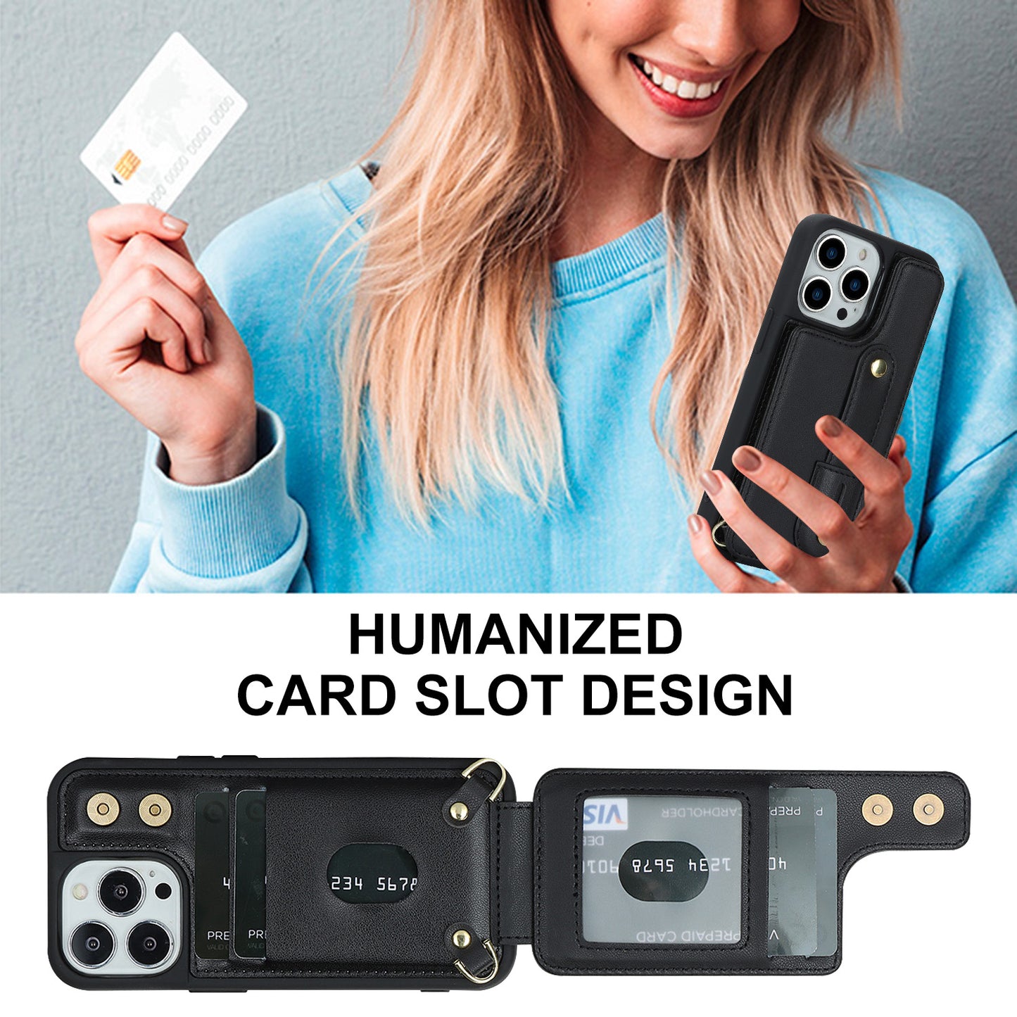 For iPhone 12 / 12 Pro Card Holder Phone Case Wristband Kickstand PU Leather+TPU Phone Cover