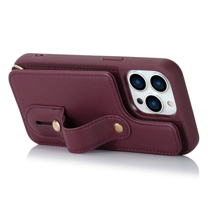 For iPhone 12 / 12 Pro Card Holder Phone Case Wristband Kickstand PU Leather+TPU Phone Cover
