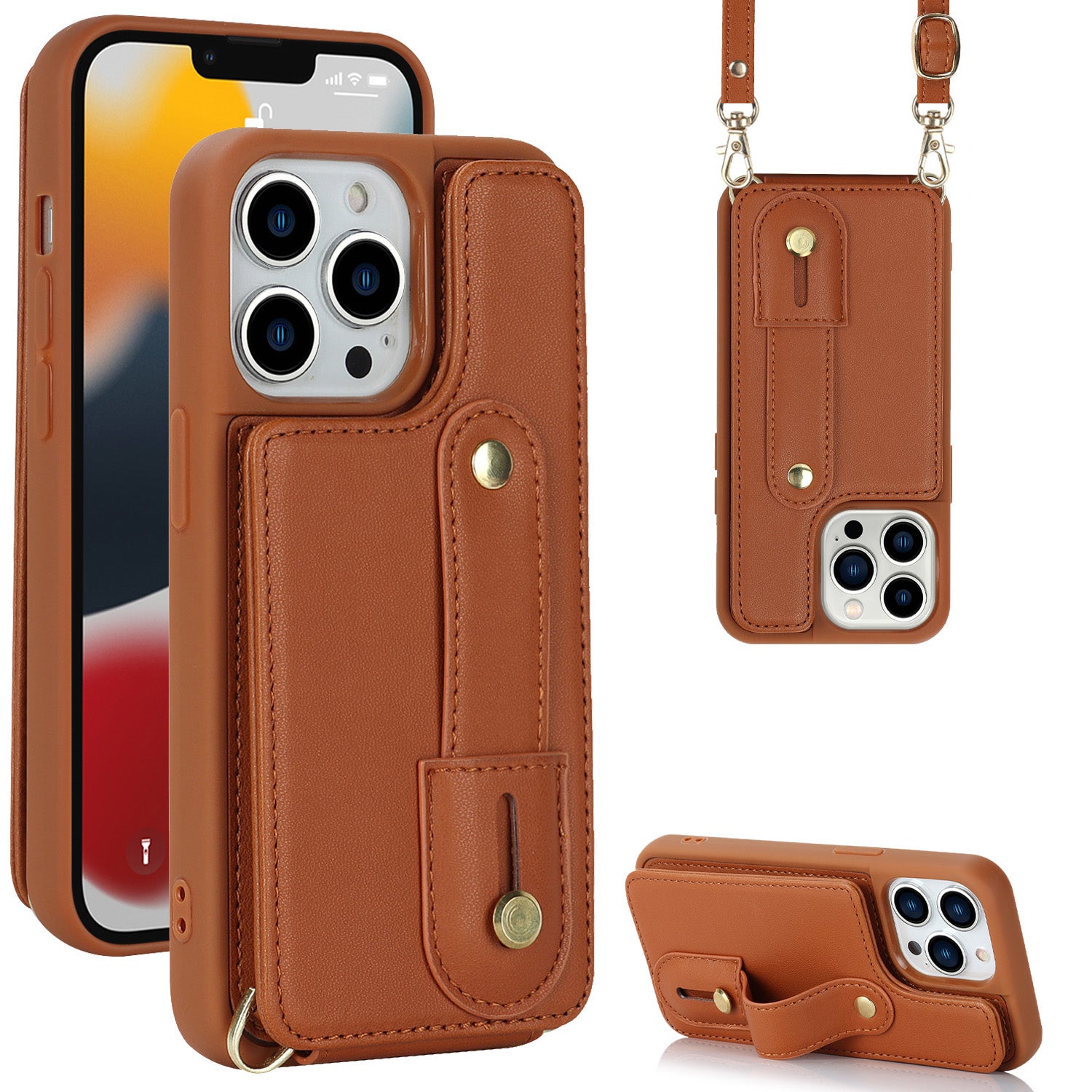 For iPhone 12 / 12 Pro Card Holder Phone Case Wristband Kickstand PU Leather+TPU Phone Cover