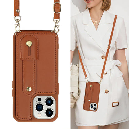 For iPhone 12 / 12 Pro Card Holder Phone Case Wristband Kickstand PU Leather+TPU Phone Cover