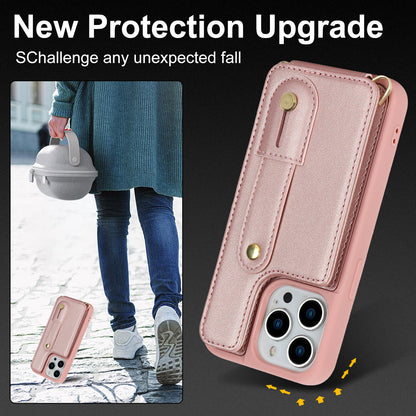 For iPhone 12 / 12 Pro Card Holder Phone Case Wristband Kickstand PU Leather+TPU Phone Cover
