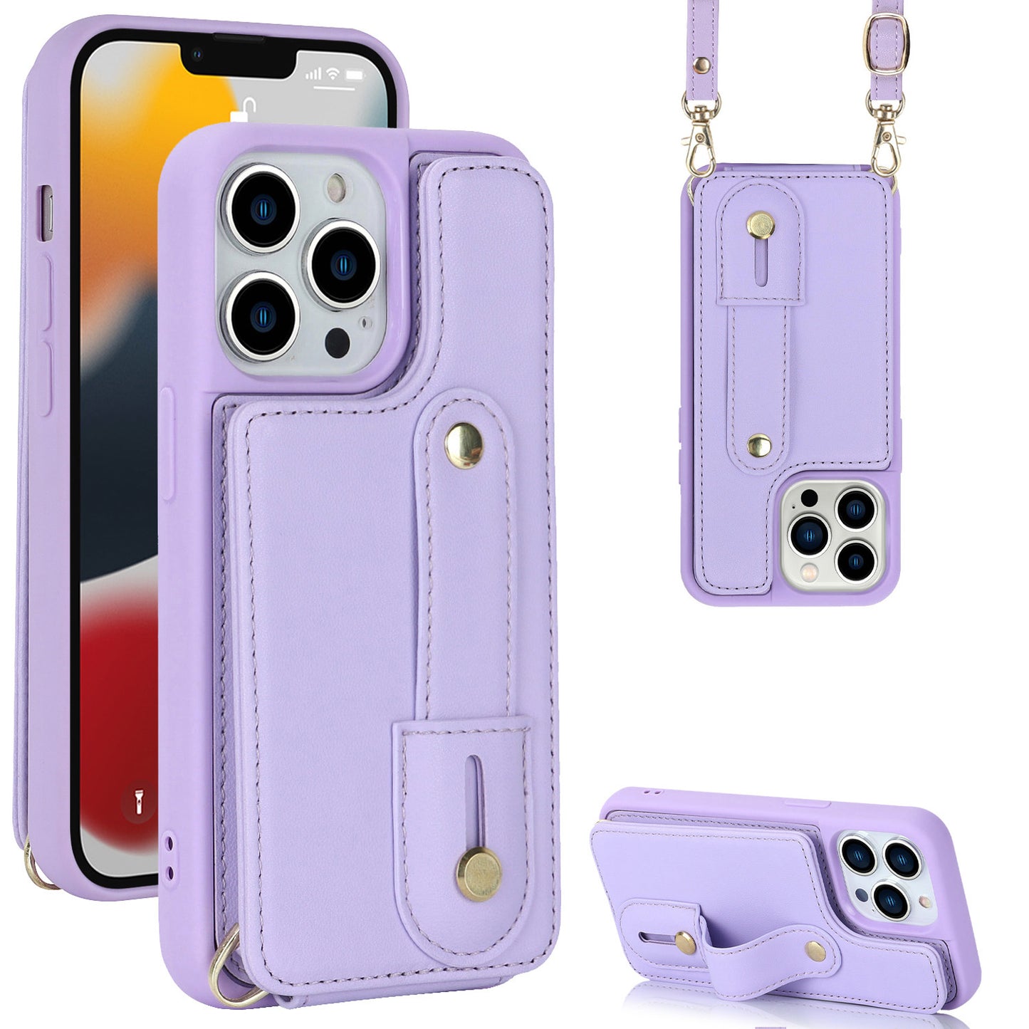 For iPhone 12 / 12 Pro Card Holder Phone Case Wristband Kickstand PU Leather+TPU Phone Cover