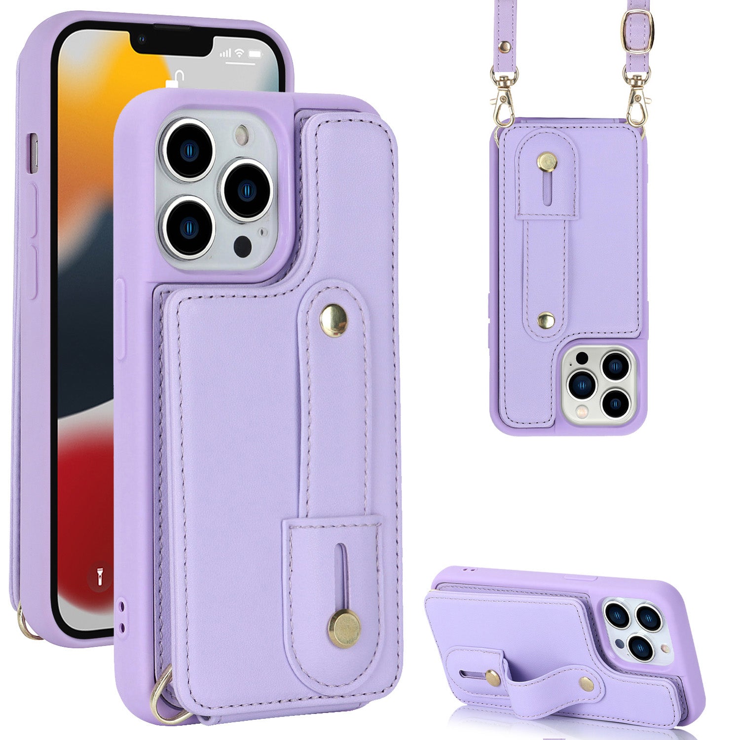 For iPhone 12 / 12 Pro Card Holder Phone Case Wristband Kickstand PU Leather+TPU Phone Cover