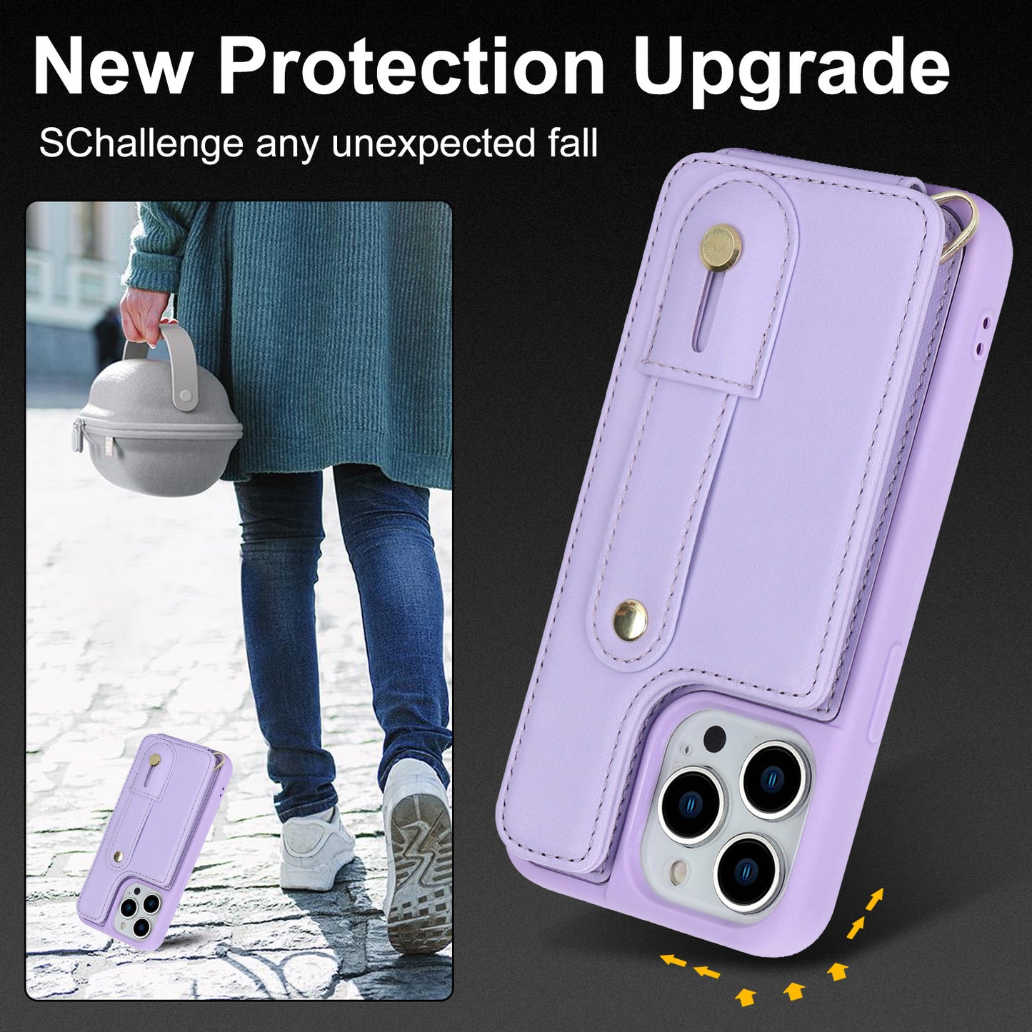 For iPhone 12 / 12 Pro Card Holder Phone Case Wristband Kickstand PU Leather+TPU Phone Cover