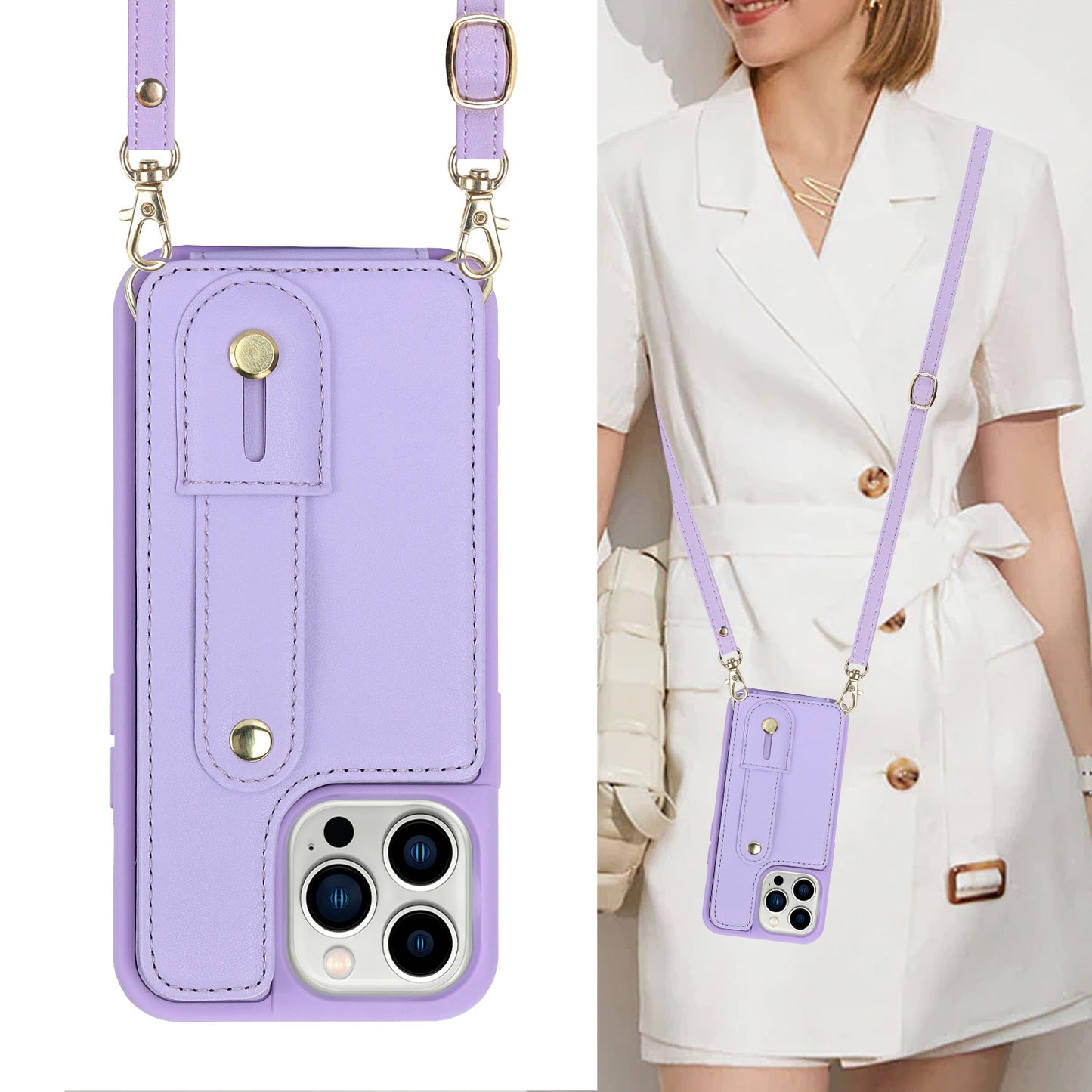 For iPhone 12 / 12 Pro Card Holder Phone Case Wristband Kickstand PU Leather+TPU Phone Cover