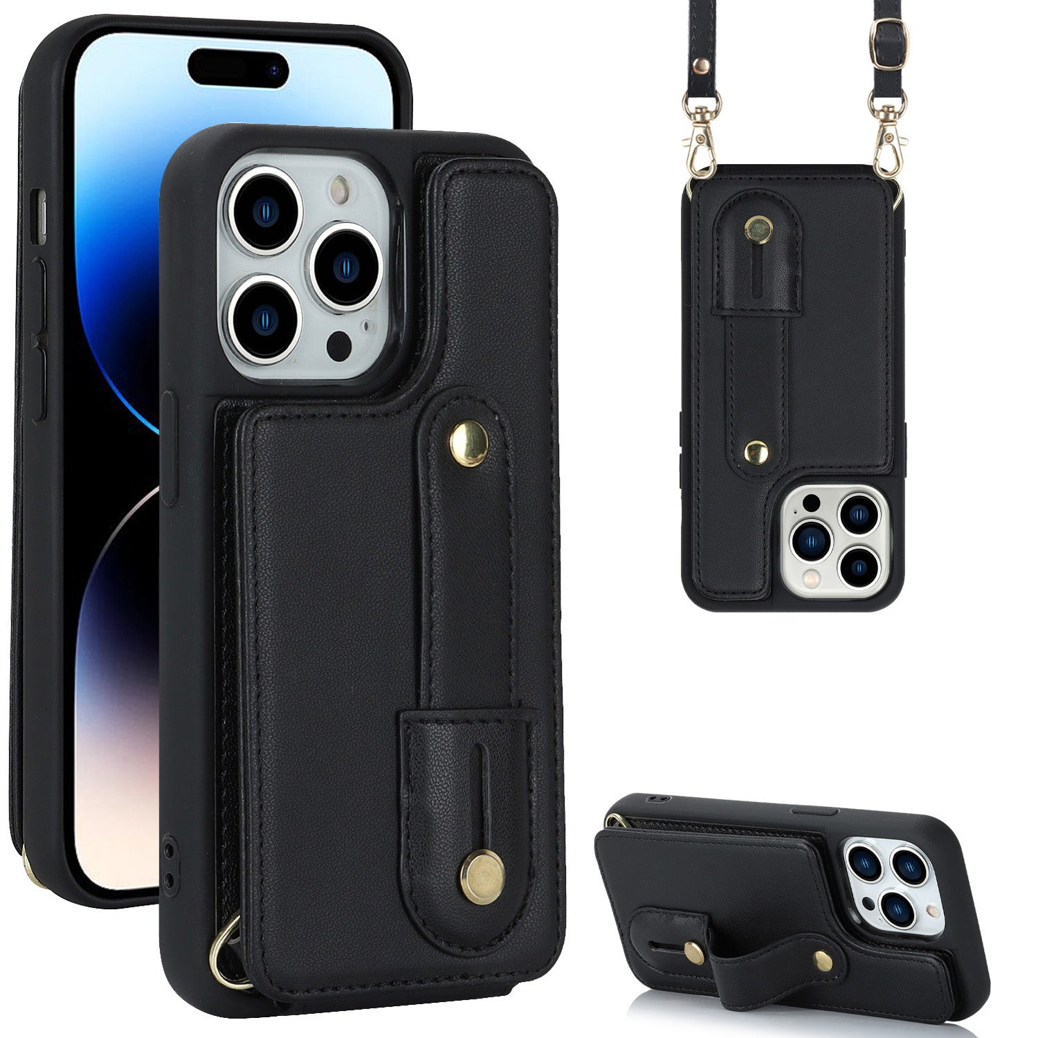 For iPhone 14 Pro Max Wristband Kickstand Phone Case Leather+TPU Cover with Card Holder