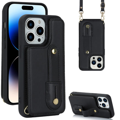 For iPhone 14 Pro Max Wristband Kickstand Phone Case Leather+TPU Cover with Card Holder
