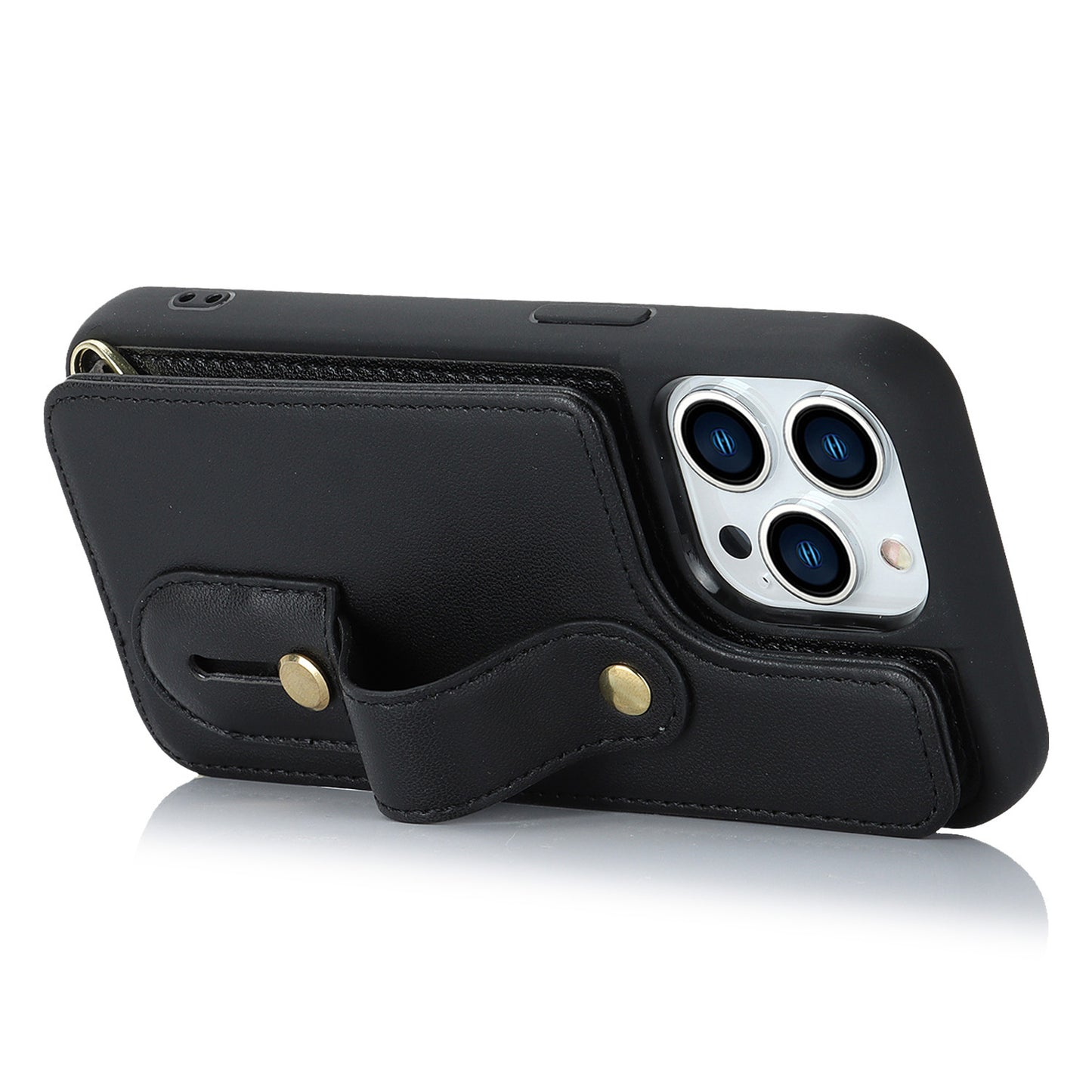 For iPhone 14 Pro Max Wristband Kickstand Phone Case Leather+TPU Cover with Card Holder