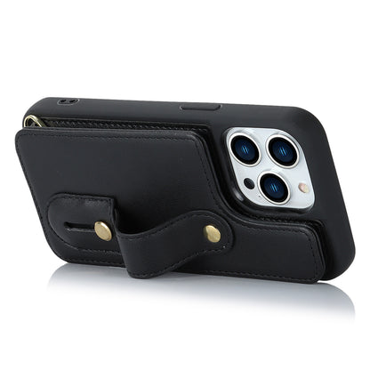 For iPhone 14 Pro Max Wristband Kickstand Phone Case Leather+TPU Cover with Card Holder