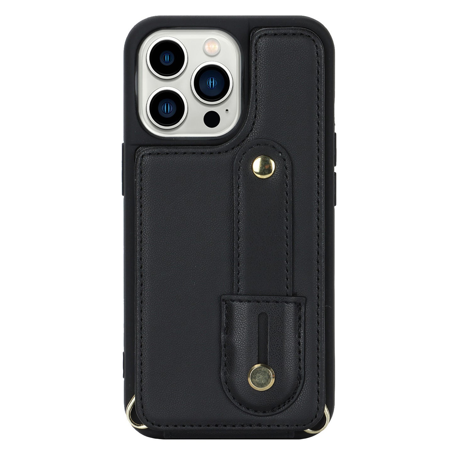 For iPhone 14 Pro Max Wristband Kickstand Phone Case Leather+TPU Cover with Card Holder