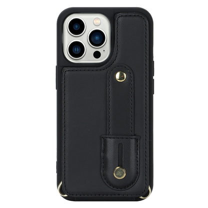 For iPhone 14 Pro Max Wristband Kickstand Phone Case Leather+TPU Cover with Card Holder