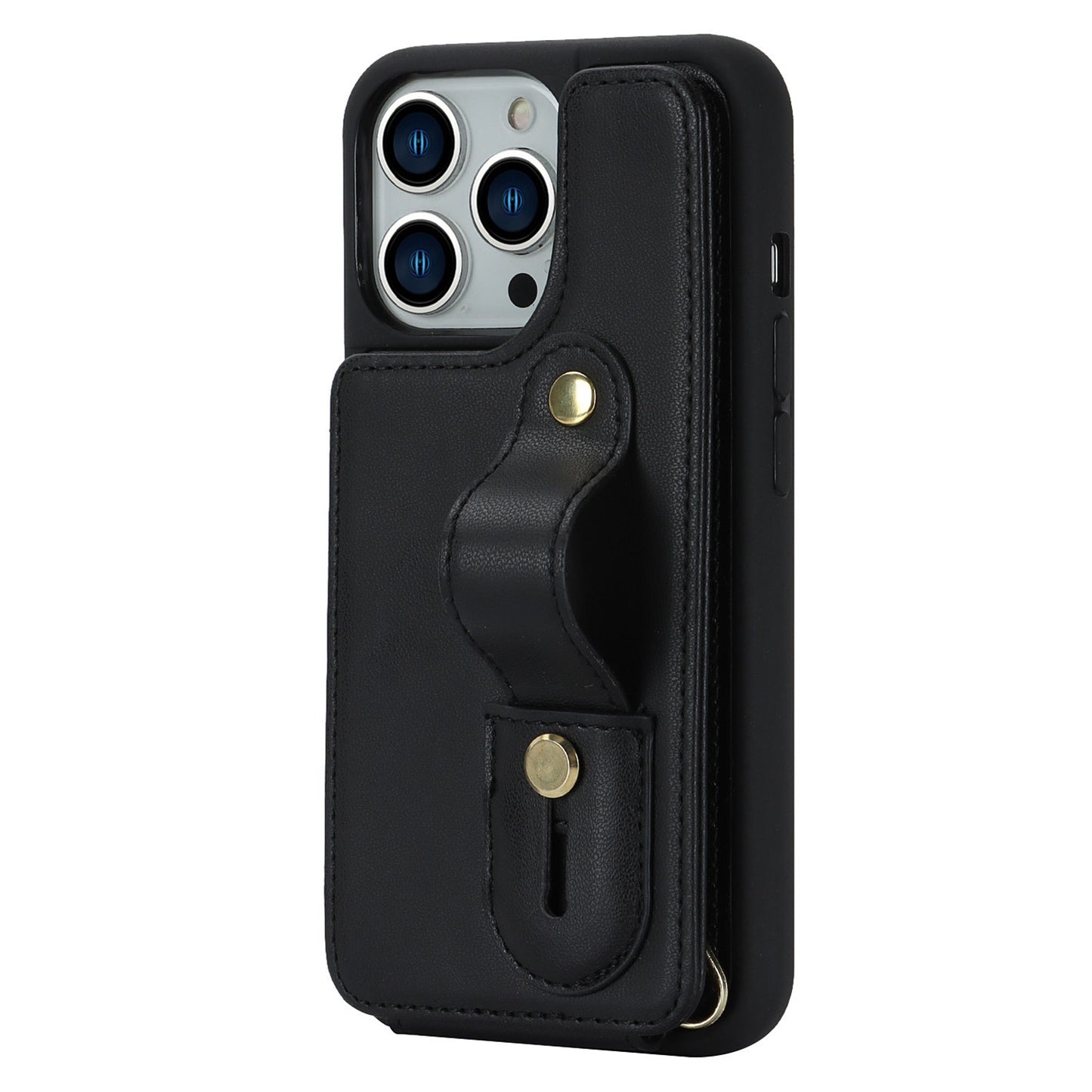 For iPhone 14 Pro Max Wristband Kickstand Phone Case Leather+TPU Cover with Card Holder