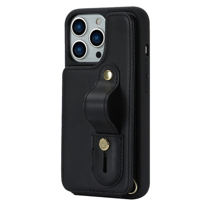 For iPhone 14 Pro Max Wristband Kickstand Phone Case Leather+TPU Cover with Card Holder