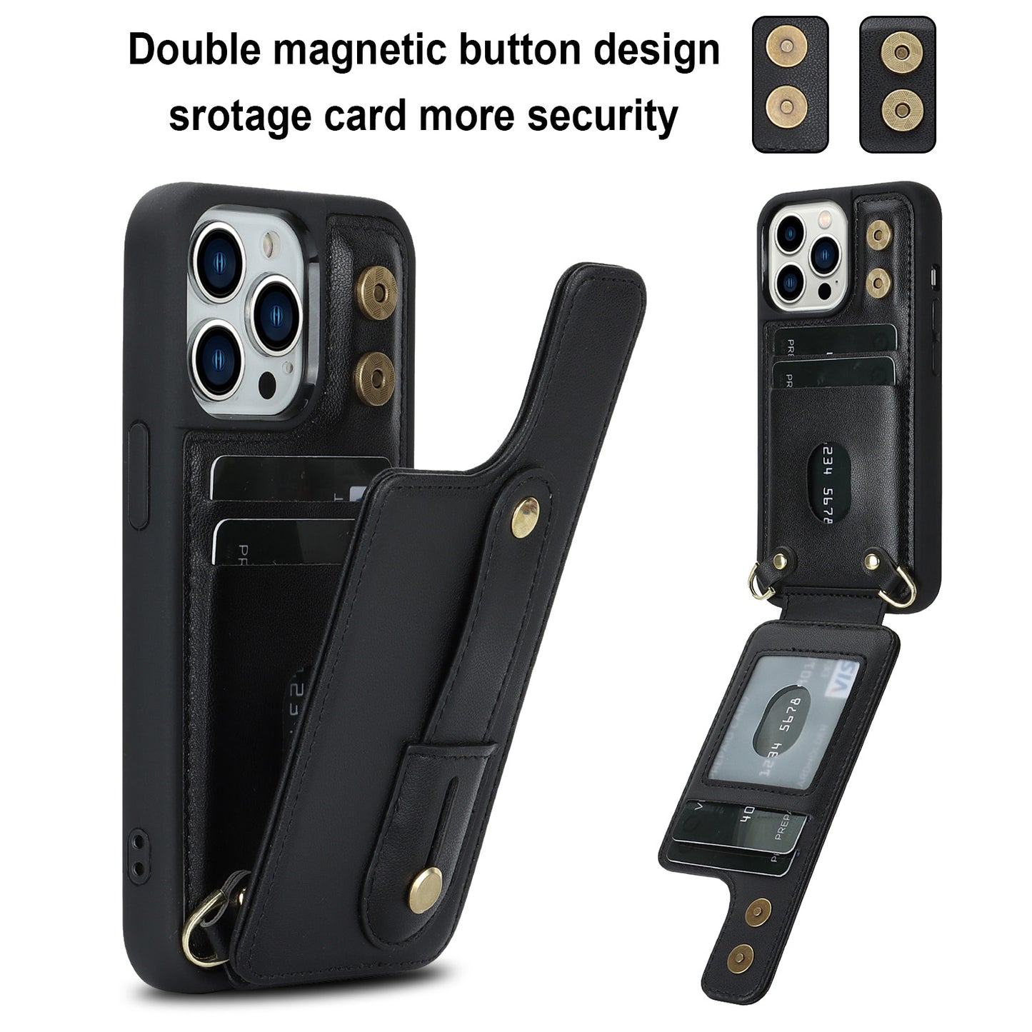 For iPhone 14 Pro Max Wristband Kickstand Phone Case Leather+TPU Cover with Card Holder