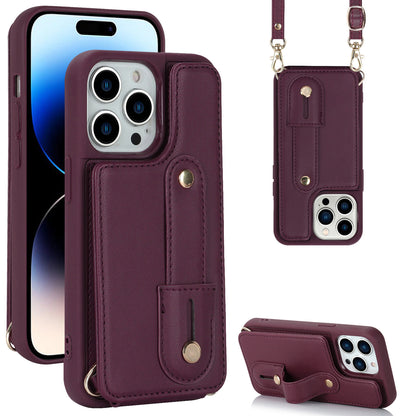 For iPhone 14 Pro Max Wristband Kickstand Phone Case Leather+TPU Cover with Card Holder