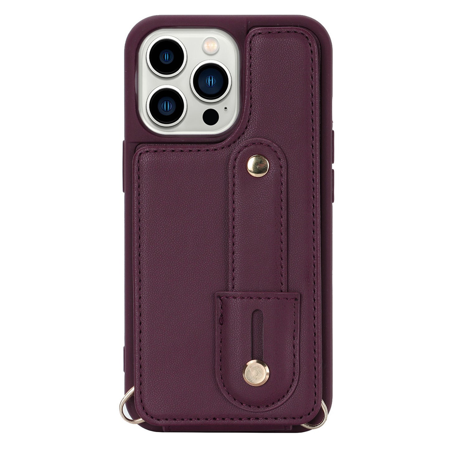 For iPhone 14 Pro Max Wristband Kickstand Phone Case Leather+TPU Cover with Card Holder