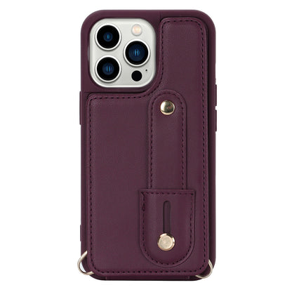 For iPhone 14 Pro Max Wristband Kickstand Phone Case Leather+TPU Cover with Card Holder