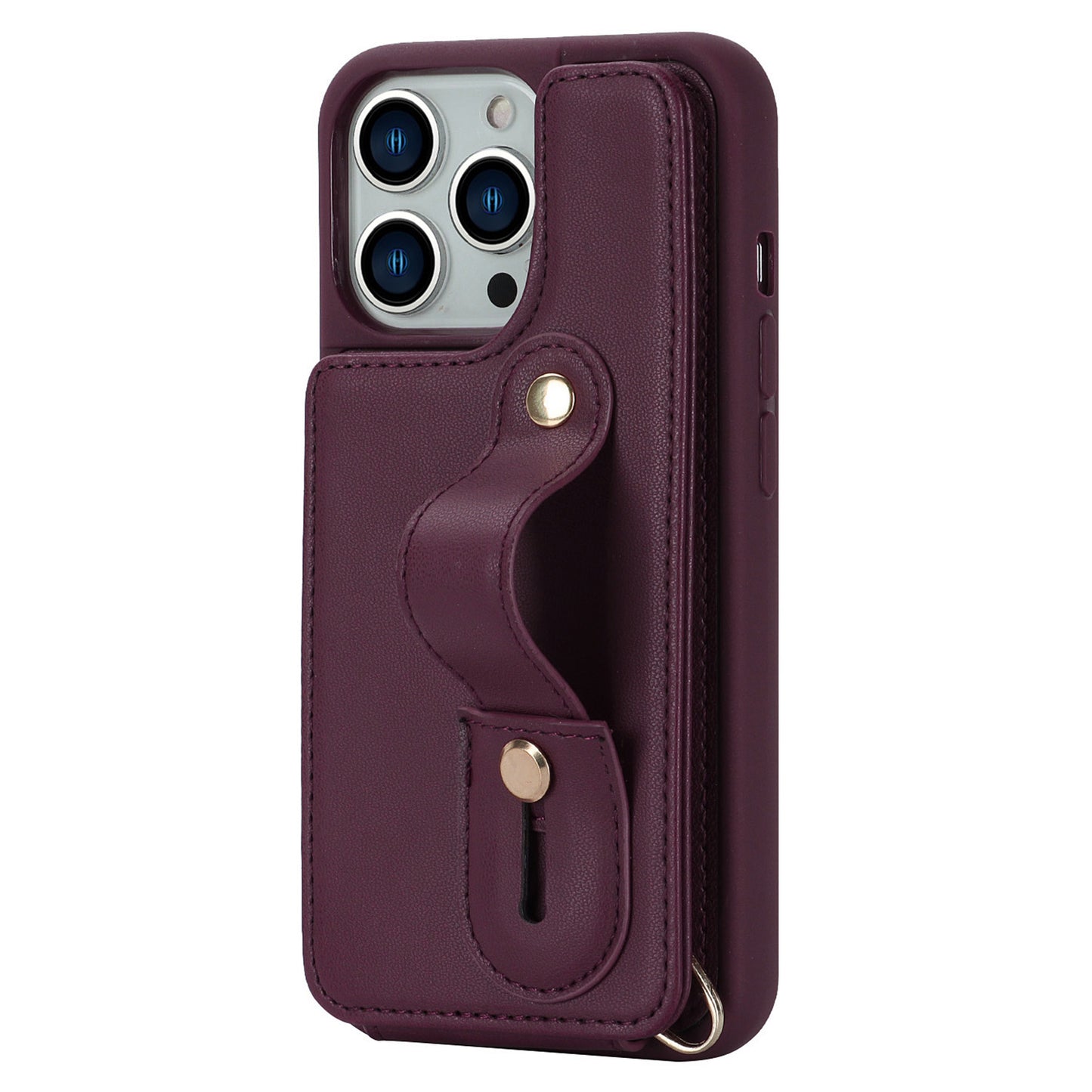 For iPhone 14 Pro Max Wristband Kickstand Phone Case Leather+TPU Cover with Card Holder